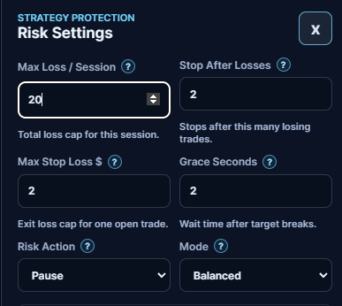 Risk Settings panel showing max loss per session, stop after losses, max stop loss, grace seconds, risk action, and mode.