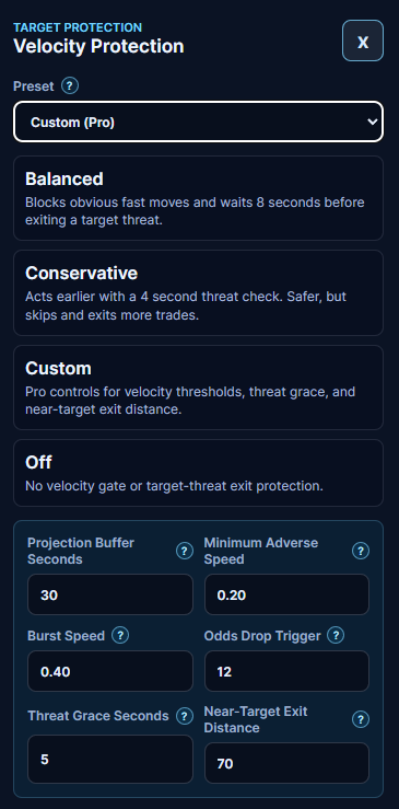 Velocity Protection panel showing presets (Balanced, Conservative, Custom, Off) and custom velocity settings.