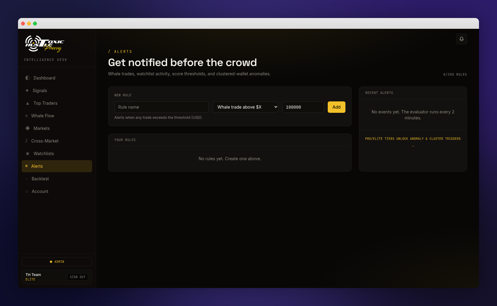 Alerts page rule builder with recent alerts panel